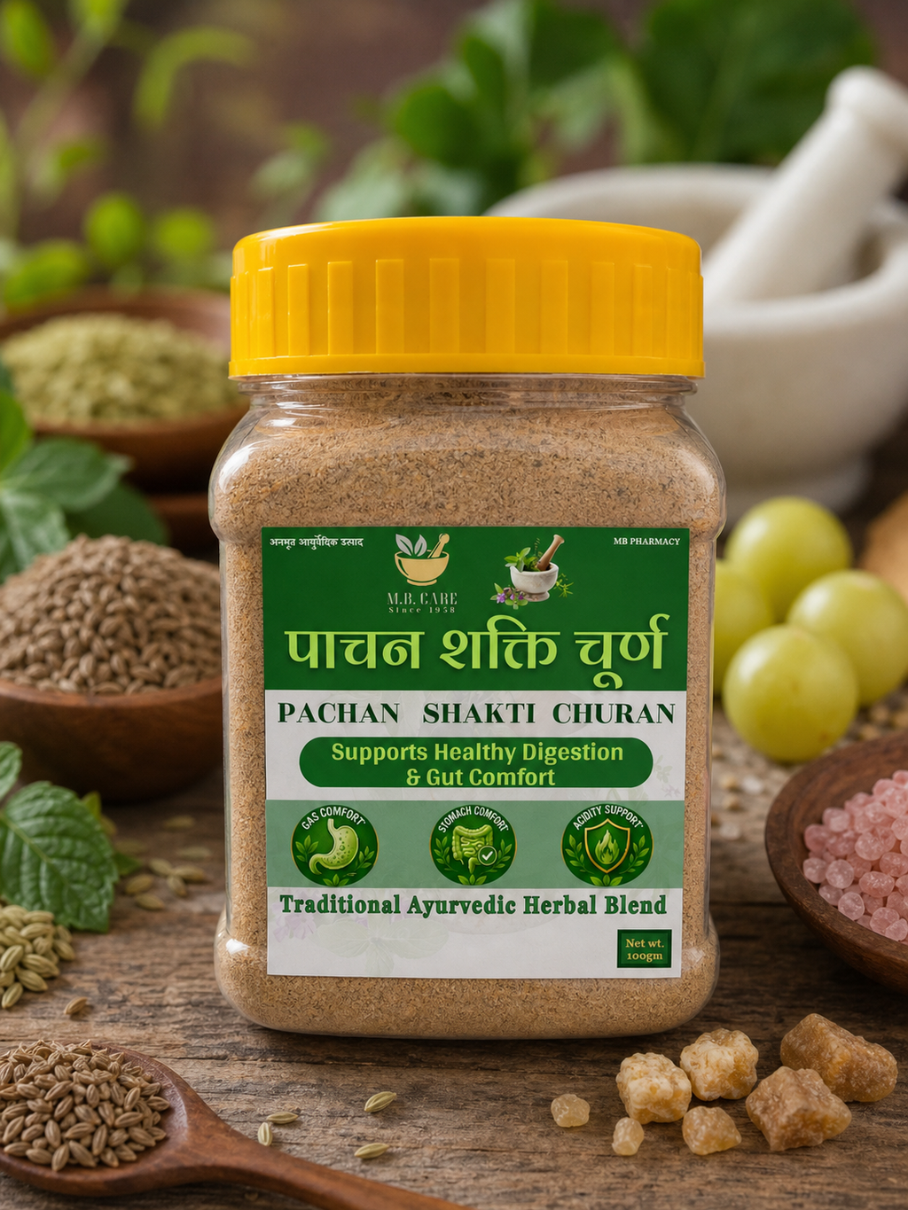Pachan Shakti Churan for digestion & gut comfort, traditional Ayurvedic herbal blend in jar with spices