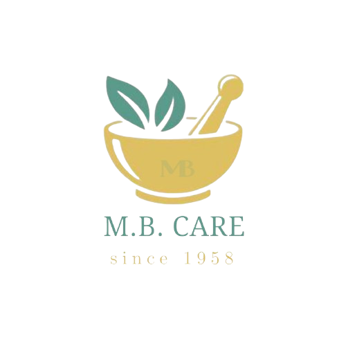Logo of M.B. Care with a bowl, pestle, and leaves on a white background