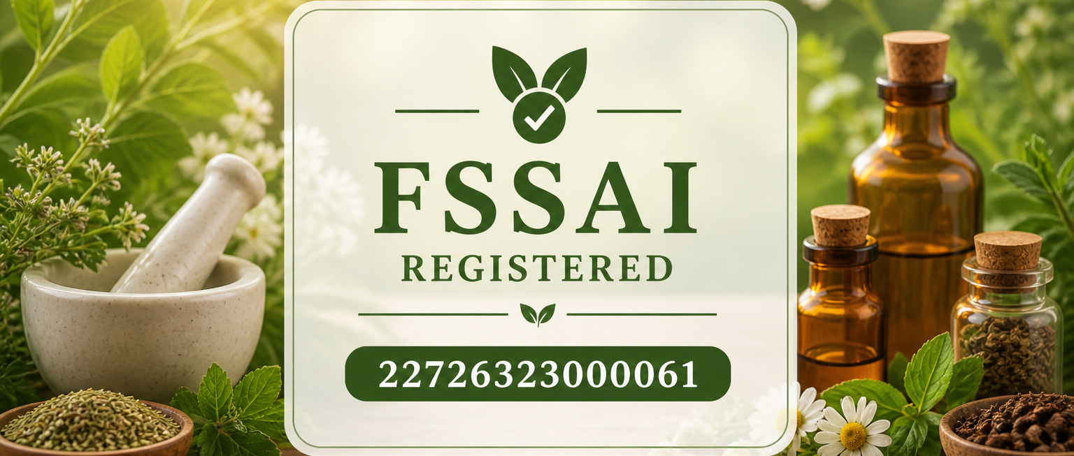 FSSAI registered sign with traditional medicine items on a wooden surface with greenery.