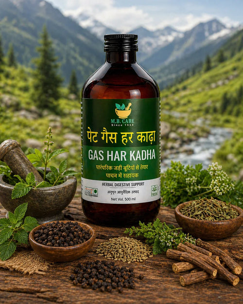 Bottle of 'Gas Har Kadha' with natural ingredients on a wooden surface with a mountainous background